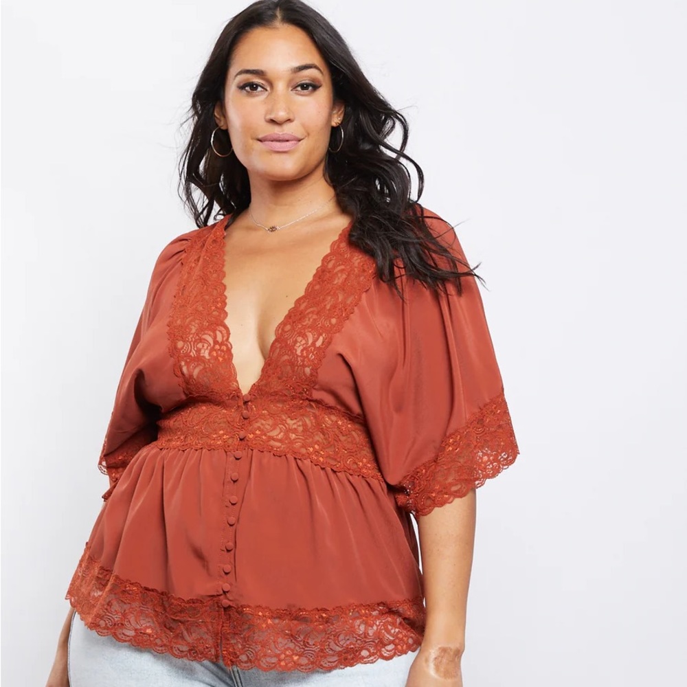 Rust Satin Lace-Trim Top